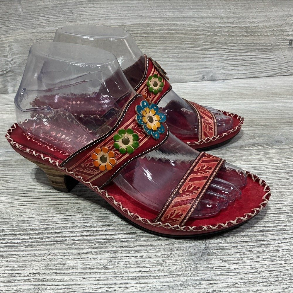 Spring Step Womens Tango Sandals Leather Size 37 US 6.5 /7 Red Floral Two Strap